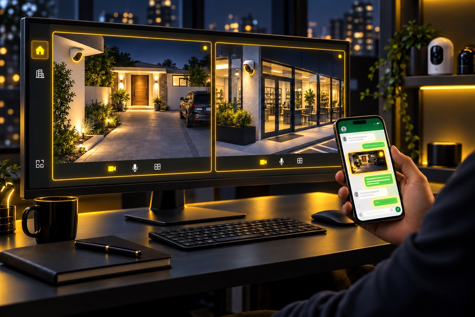 Monitor mostra câmeras de uma casa e de uma empresa ao lado de uma conversa de segurança no celular